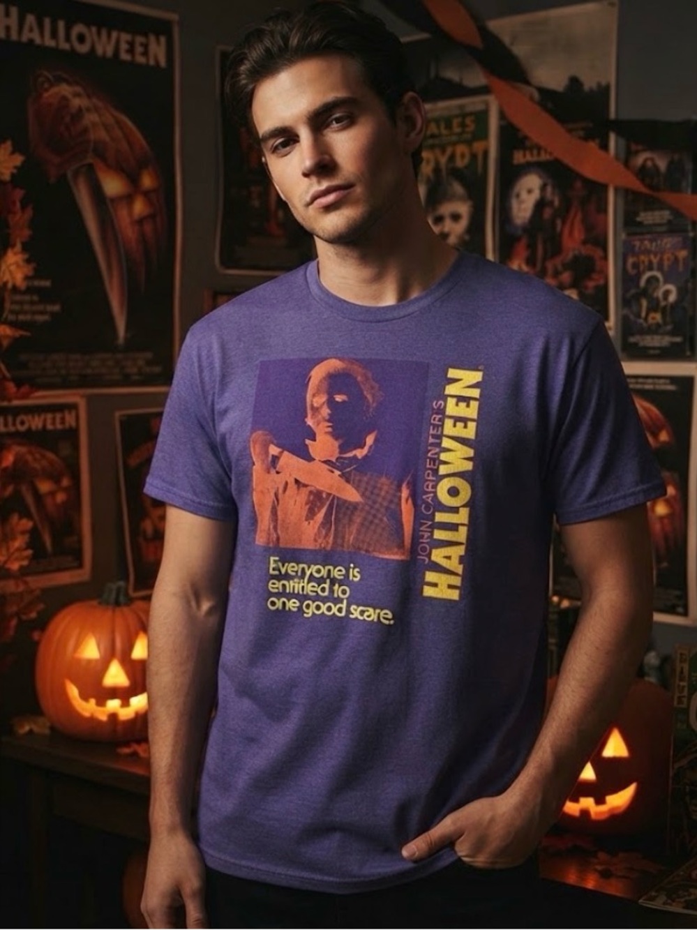 John Carpenter's Halloween Movie Graphic Tee Shirt Purple Michael Myers Large